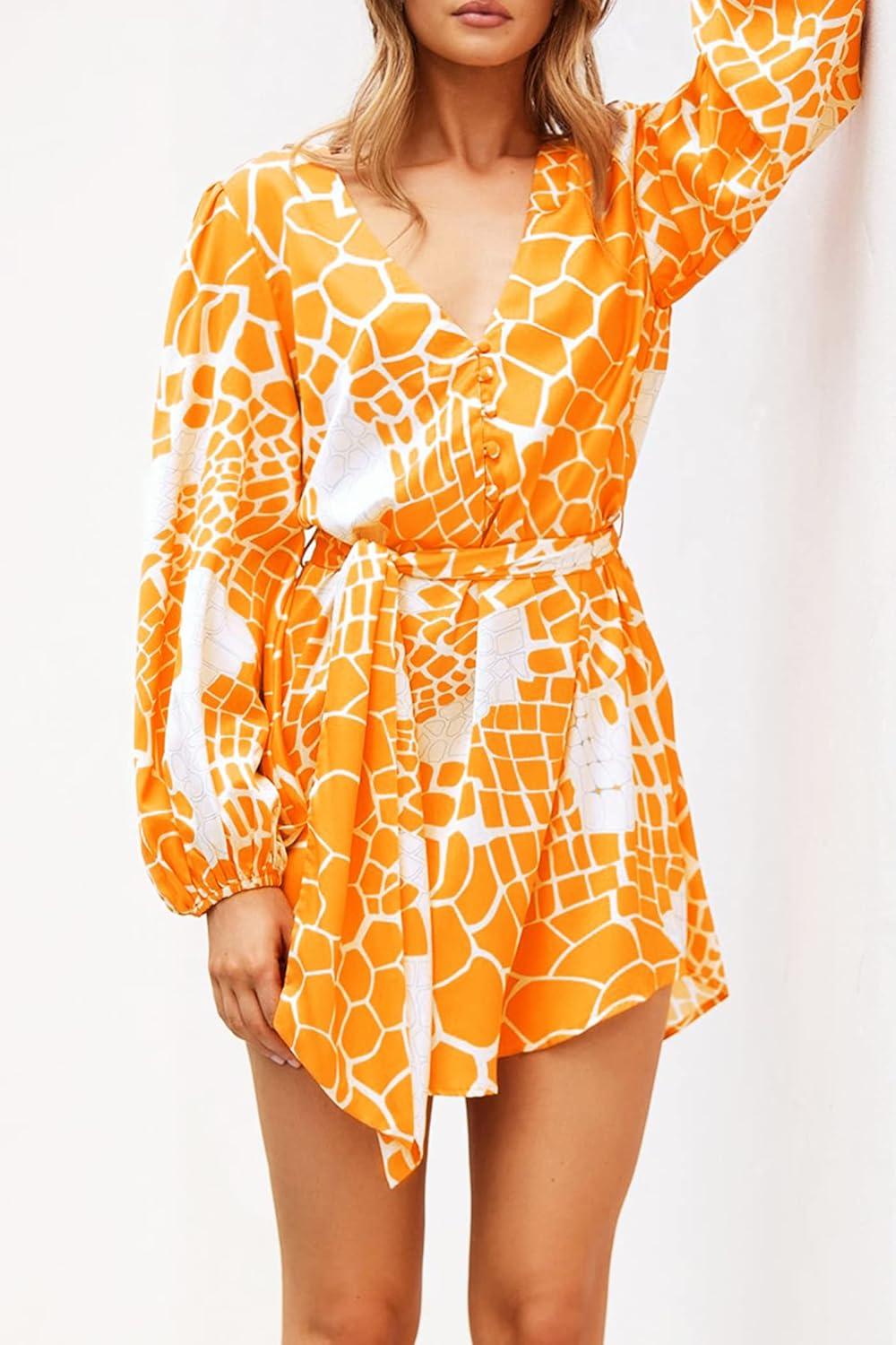 imagePRETTYGARDEN Womens Spring Long Puff Sleeve Boho Dress V Neck Cocktail Party Belted Short Formal Dresses Floral Orange YellowMedium