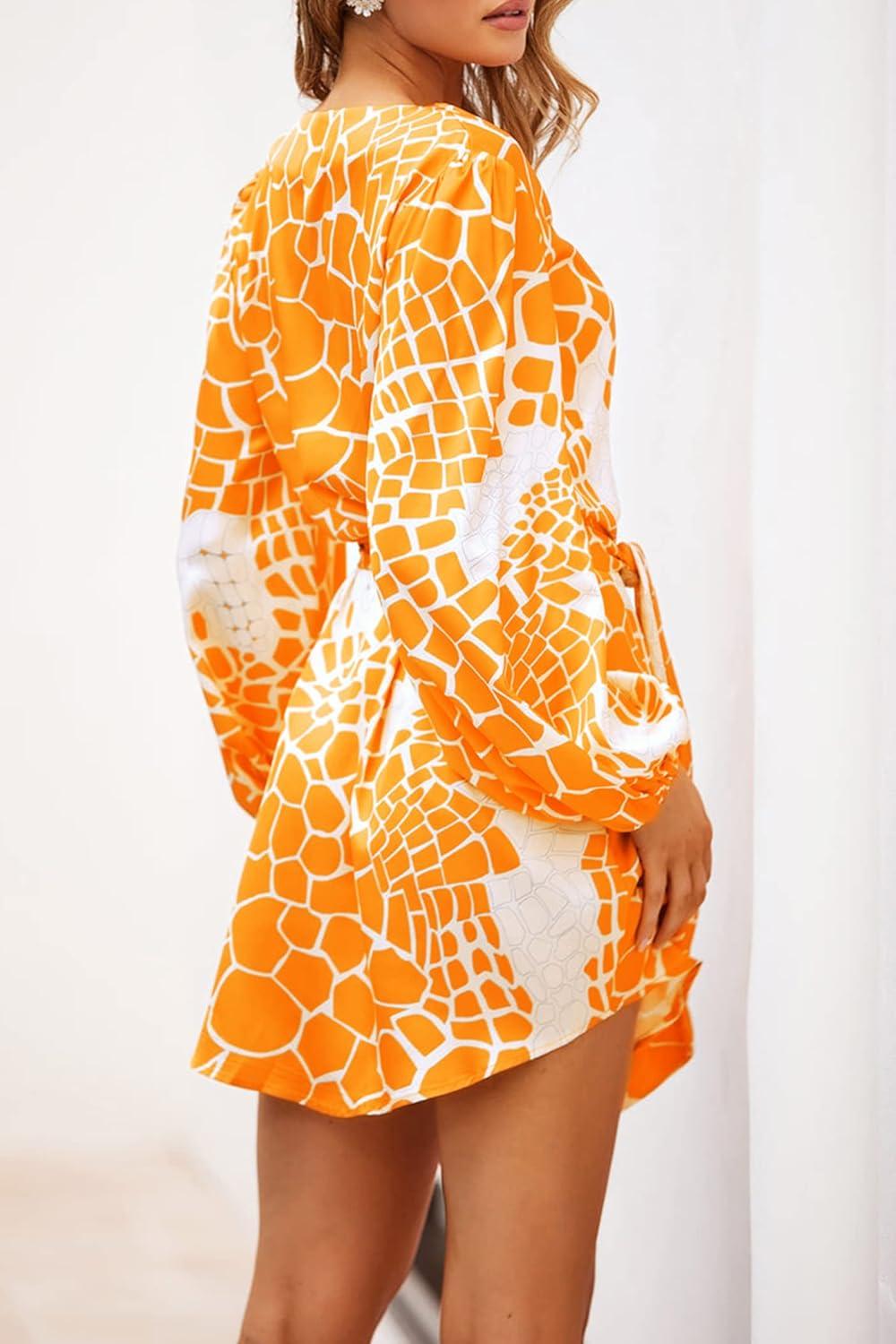 imagePRETTYGARDEN Womens Spring Long Puff Sleeve Boho Dress V Neck Cocktail Party Belted Short Formal Dresses Floral Orange YellowMedium