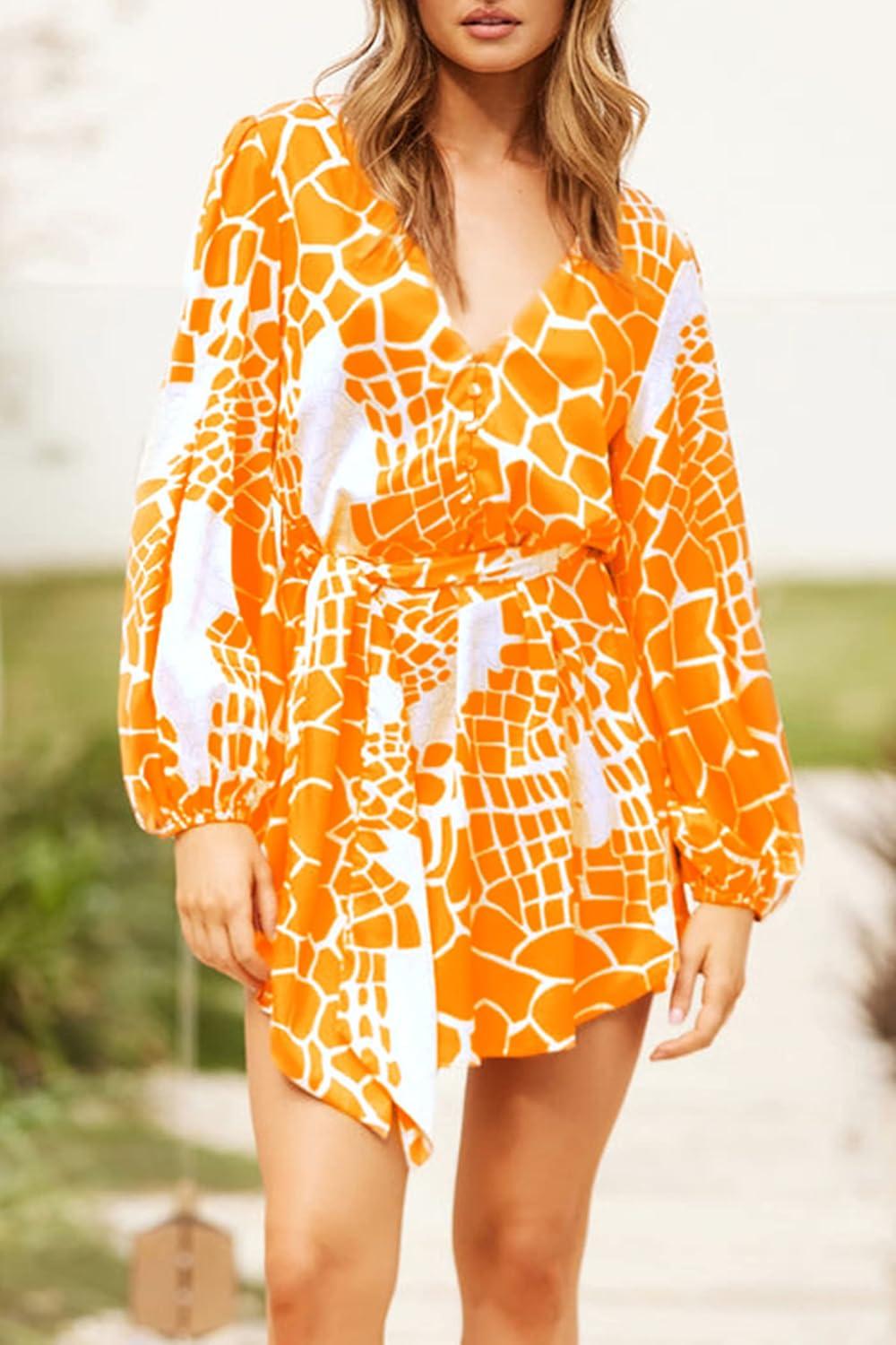 imagePRETTYGARDEN Womens Spring Long Puff Sleeve Boho Dress V Neck Cocktail Party Belted Short Formal Dresses Floral Orange YellowMedium