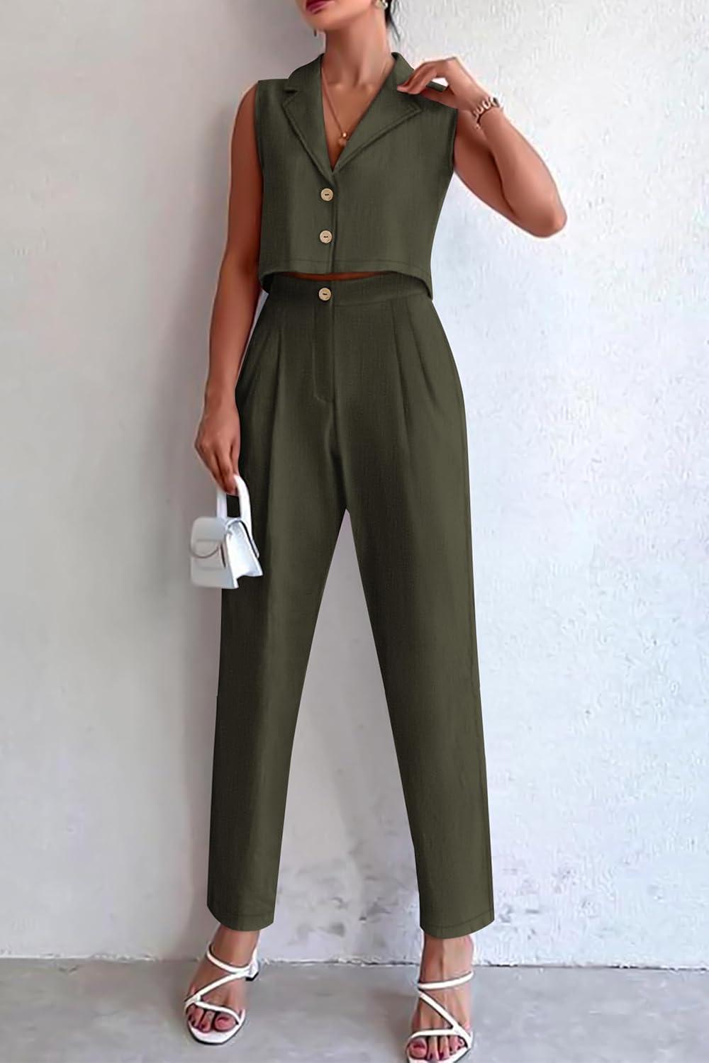 imagePRETTYGARDEN Womens Summer 2 Piece Blazer Outfit Casual Button V Neck Cropped Vest Tops High Waisted Pants Suit Set Army GreenLarge