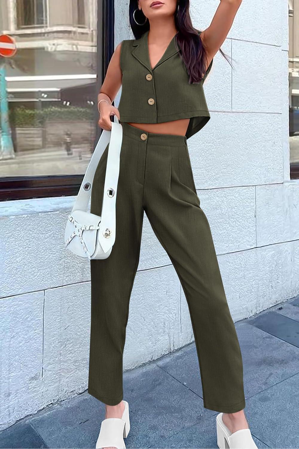 imagePRETTYGARDEN Womens Summer 2 Piece Blazer Outfit Casual Button V Neck Cropped Vest Tops High Waisted Pants Suit Set Army GreenLarge