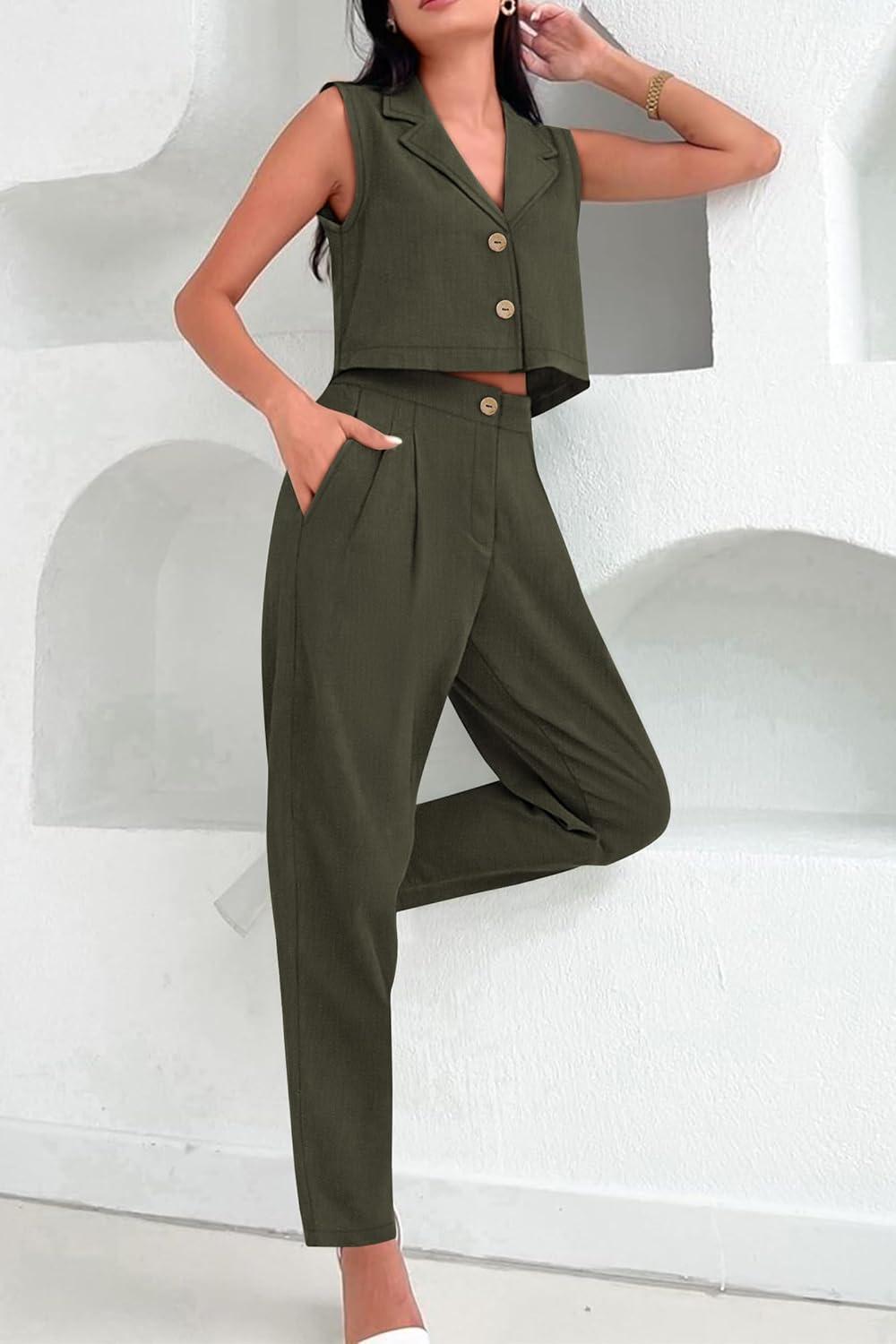 imagePRETTYGARDEN Womens Summer 2 Piece Blazer Outfit Casual Button V Neck Cropped Vest Tops High Waisted Pants Suit Set Army GreenLarge