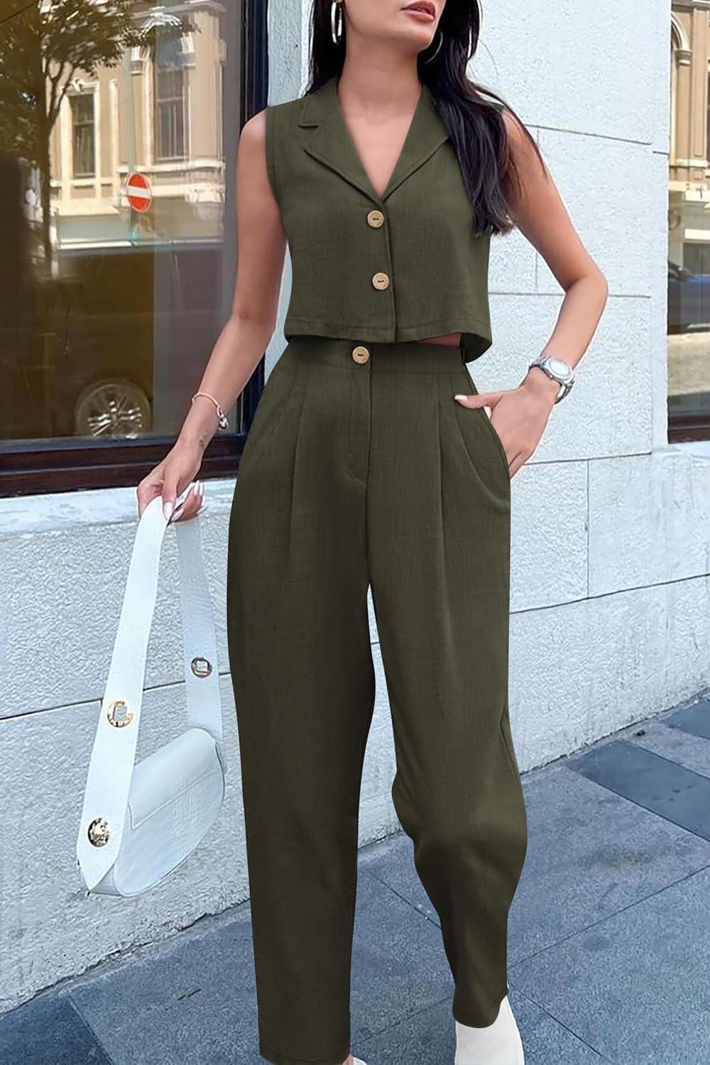 imagePRETTYGARDEN Womens Summer 2 Piece Blazer Outfit Casual Button V Neck Cropped Vest Tops High Waisted Pants Suit Set Army GreenLarge