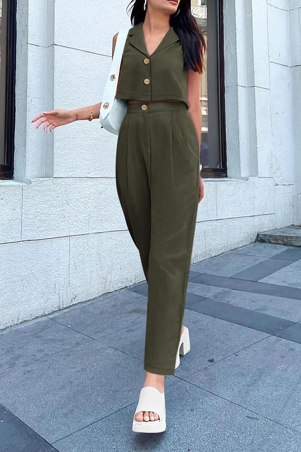 imagePRETTYGARDEN Womens Summer 2 Piece Blazer Outfit Casual Button V Neck Cropped Vest Tops High Waisted Pants Suit Set Army GreenLarge