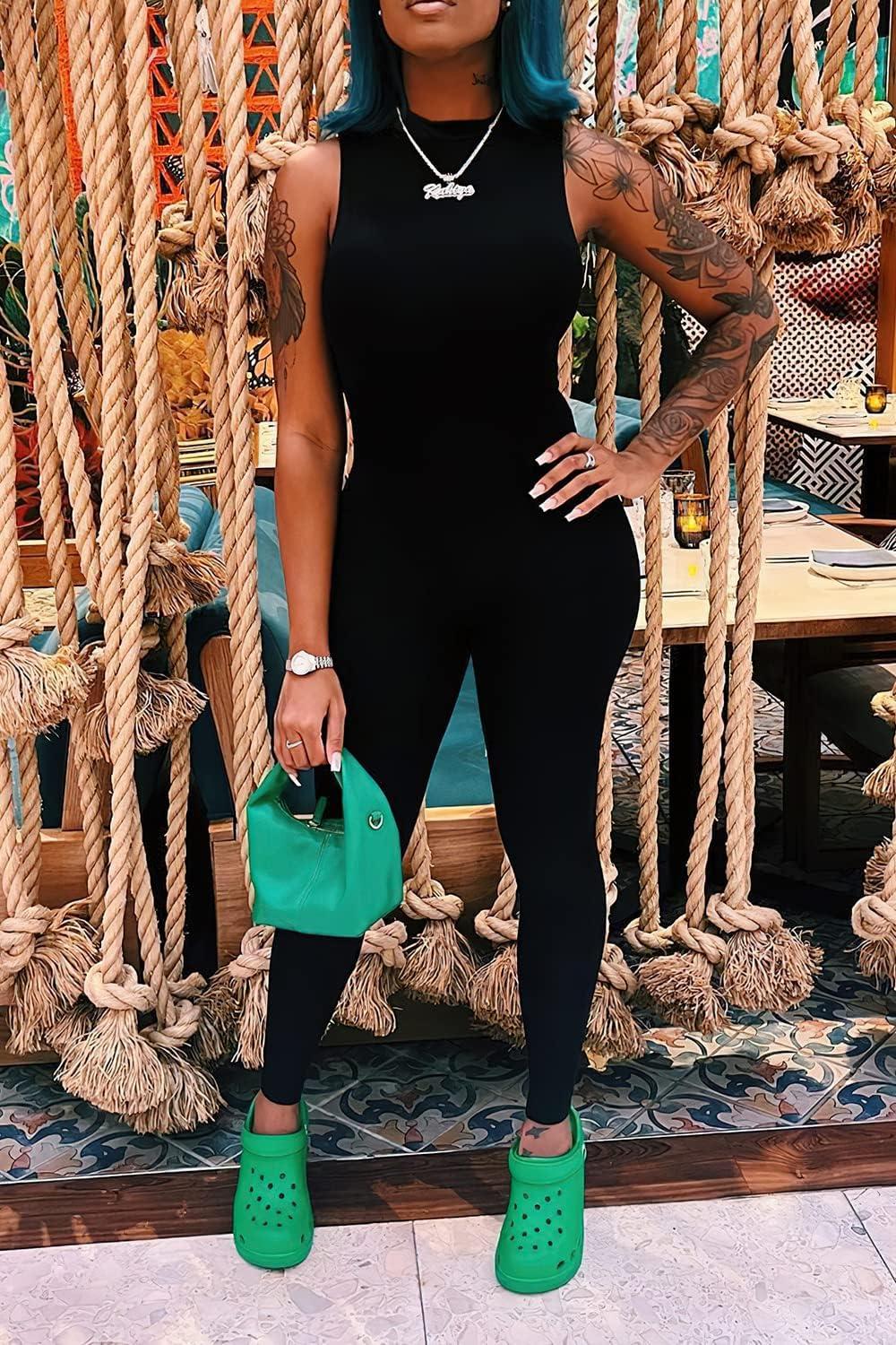 imagePRETTYGARDEN Womens Summer Bodycon Jumpsuits Casual Sleeveless One Piece Stretchy Tank Slim Fit Romper Pants BlackMedium