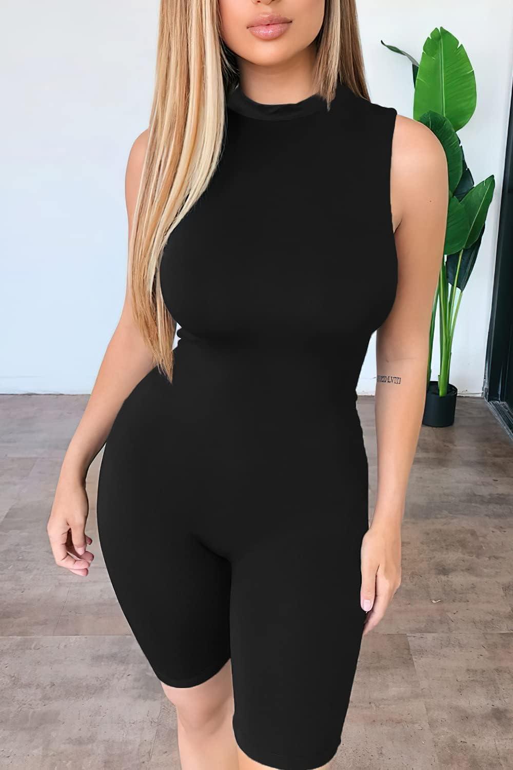 imagePRETTYGARDEN Womens Summer Bodycon Jumpsuits Casual Sleeveless One Piece Stretchy Tank Slim Fit Romper Shorts BlackMedium