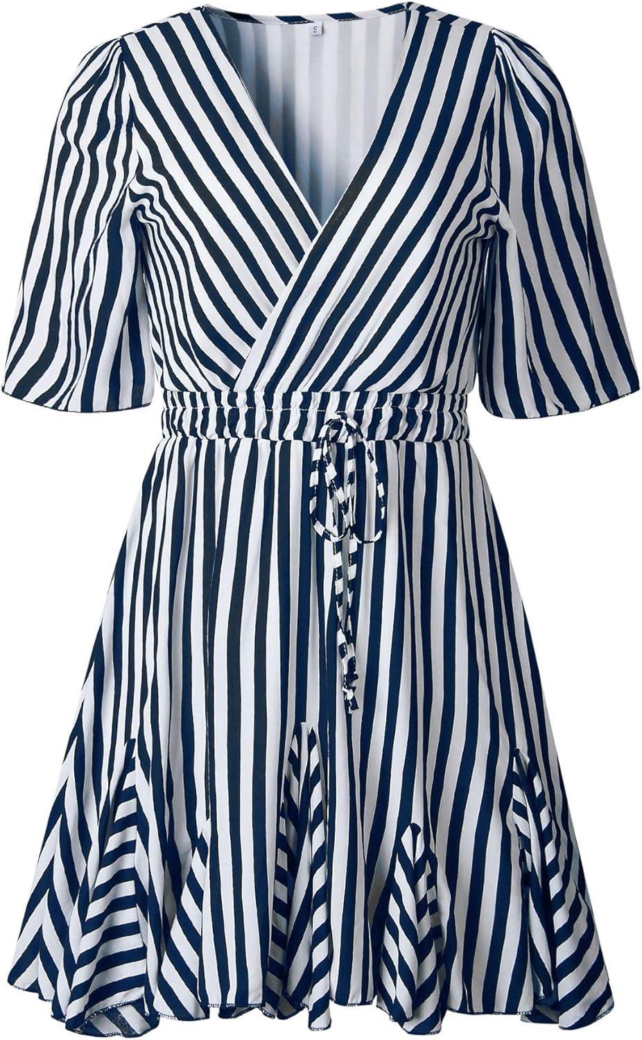 imagePRETTYGARDEN Womens Summer Deep V Neck Short Sleeve Striped Wrap Ruffle Hem Pleated Mini DressNavy
