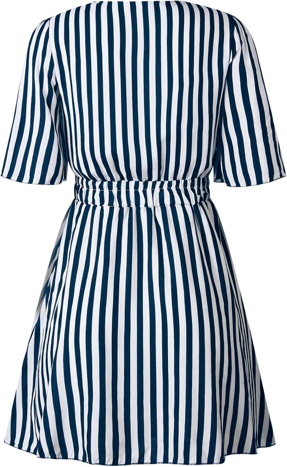 imagePRETTYGARDEN Womens Summer Deep V Neck Short Sleeve Striped Wrap Ruffle Hem Pleated Mini DressNavy