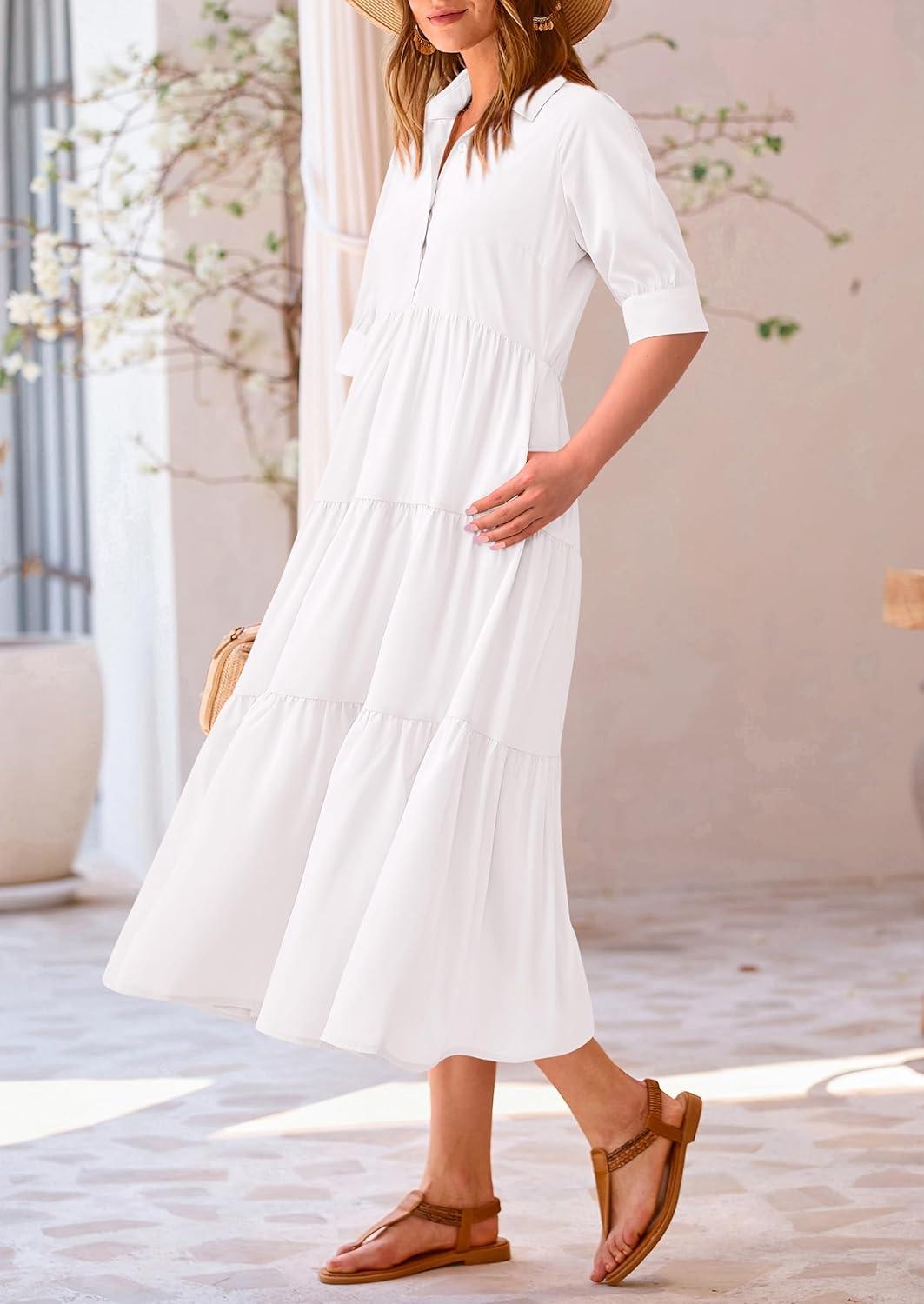 imagePRETTYGARDEN Womens Summer Long Dress Short Sleeve Lapel Casual Ruffle Flowy Maxi Dresses Solid WhiteSmall