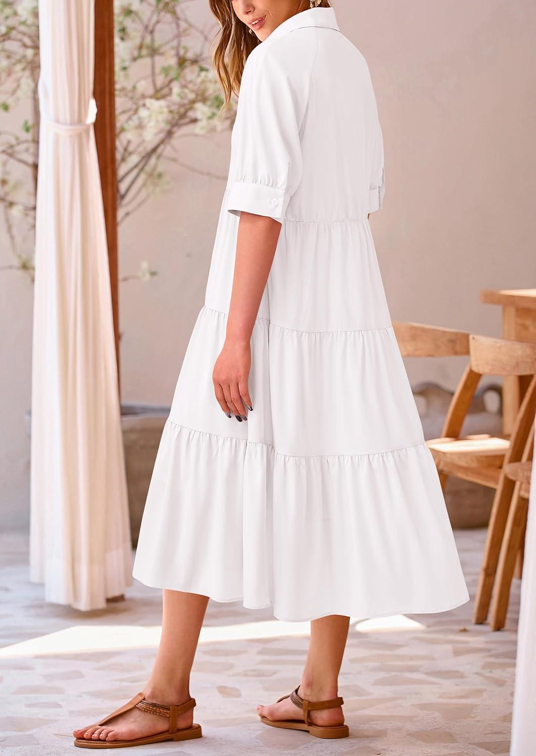 imagePRETTYGARDEN Womens Summer Long Dress Short Sleeve Lapel Casual Ruffle Flowy Maxi Dresses Solid WhiteSmall