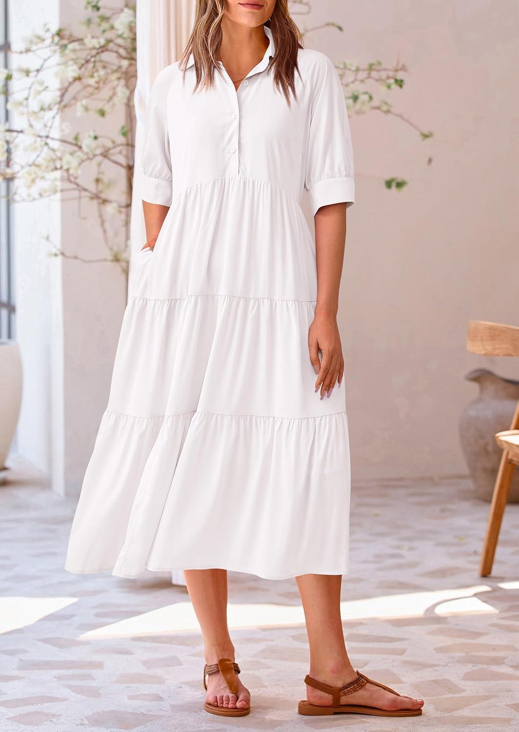 imagePRETTYGARDEN Womens Summer Long Dress Short Sleeve Lapel Casual Ruffle Flowy Maxi Dresses Solid WhiteSmall