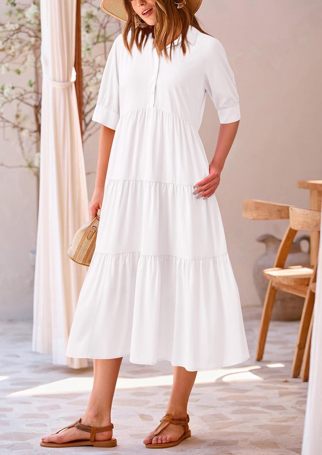 imagePRETTYGARDEN Womens Summer Long Dress Short Sleeve Lapel Casual Ruffle Flowy Maxi Dresses Solid WhiteSmall