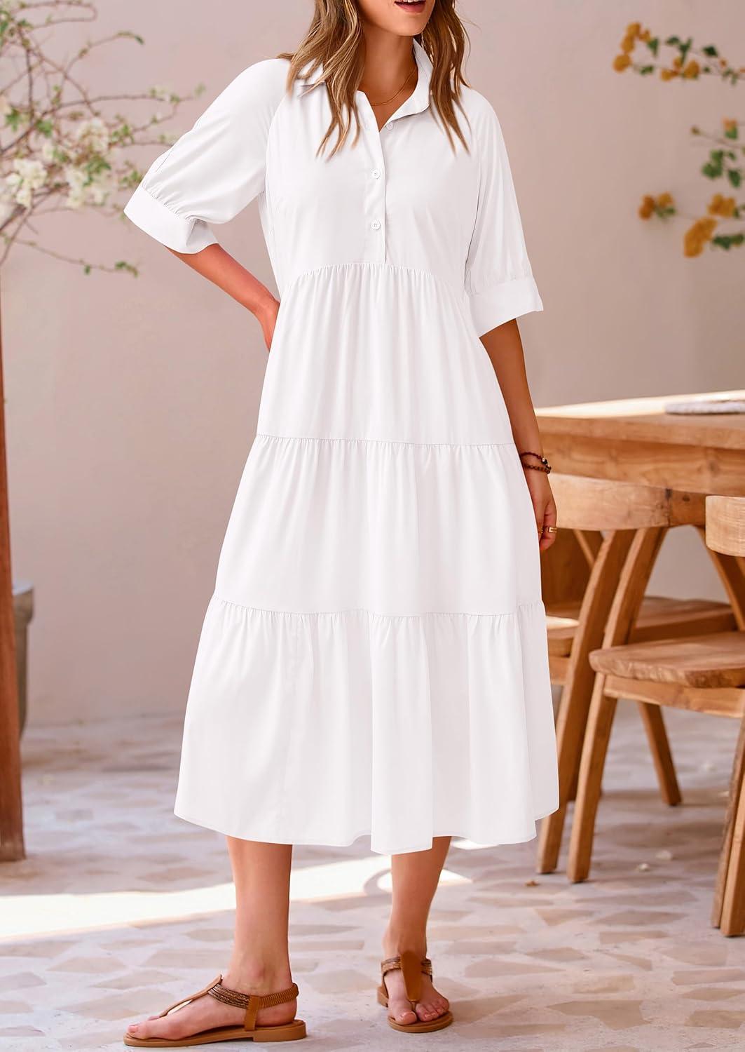 imagePRETTYGARDEN Womens Summer Long Dress Short Sleeve Lapel Casual Ruffle Flowy Maxi Dresses Solid WhiteSmall