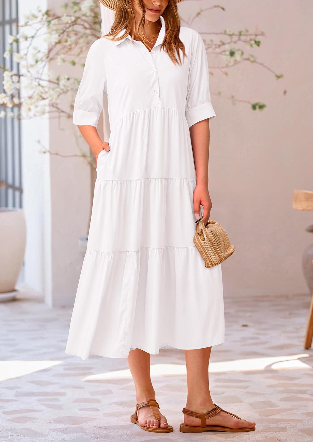 imagePRETTYGARDEN Womens Summer Long Dress Short Sleeve Lapel Casual Ruffle Flowy Maxi Dresses Solid WhiteSmall