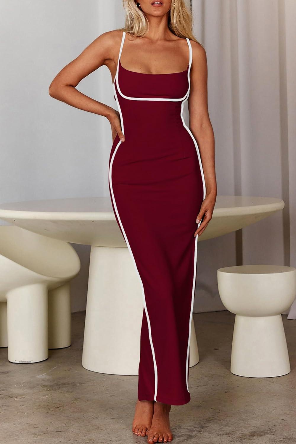 imagePRETTYGARDEN Womens Summer Slip Long Dresses Sexy Sleeveless Backless Bodycon Party Maxi Dress Wine RedMedium