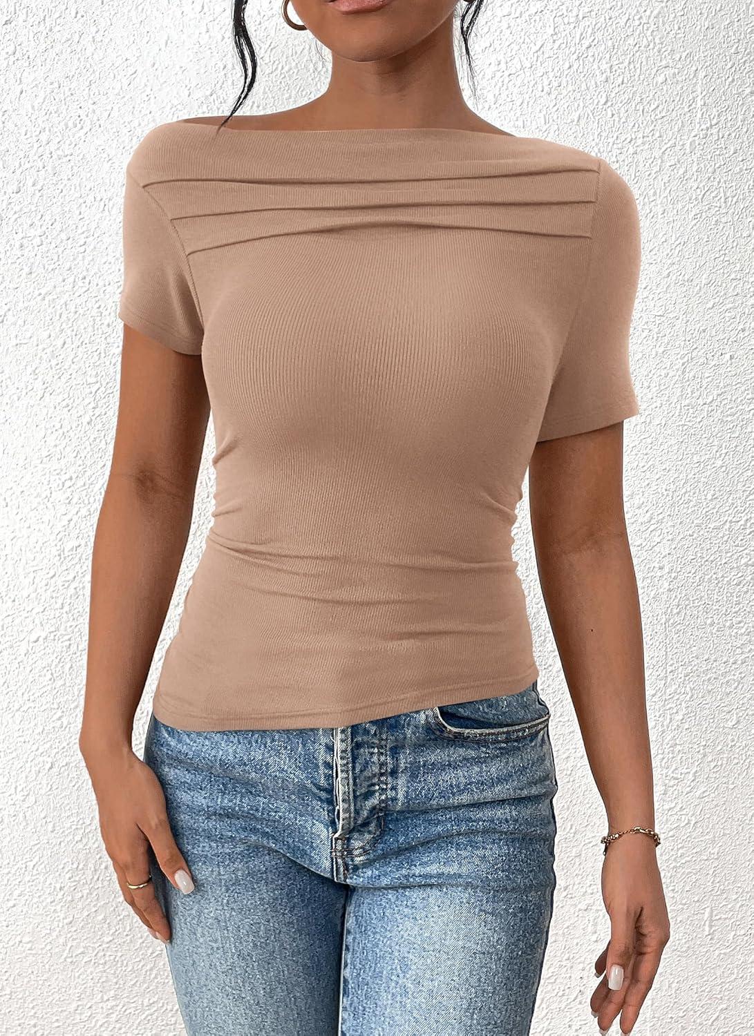 imagePRETTYGARDEN Womens Summer Trendy Y2K Crop Top Tee Casual Short Sleeve Asymmetrical Fitted Going Out T Shirts CamelLarge