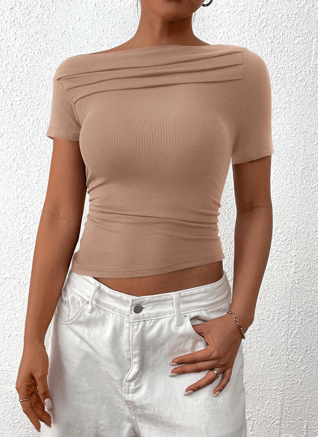 imagePRETTYGARDEN Womens Summer Trendy Y2K Crop Top Tee Casual Short Sleeve Asymmetrical Fitted Going Out T Shirts CamelLarge