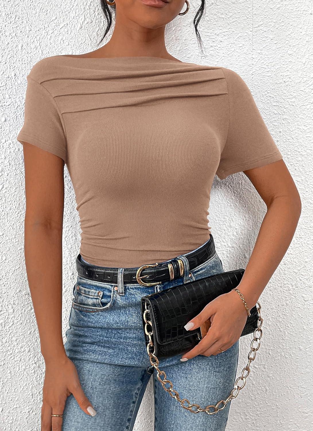 imagePRETTYGARDEN Womens Summer Trendy Y2K Crop Top Tee Casual Short Sleeve Asymmetrical Fitted Going Out T Shirts CamelLarge