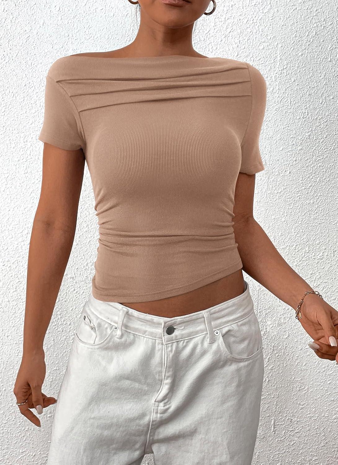 imagePRETTYGARDEN Womens Summer Trendy Y2K Crop Top Tee Casual Short Sleeve Asymmetrical Fitted Going Out T Shirts CamelLarge