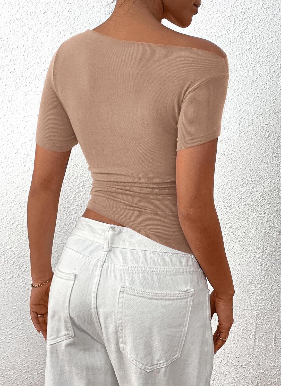 imagePRETTYGARDEN Womens Summer Trendy Y2K Crop Top Tee Casual Short Sleeve Asymmetrical Fitted Going Out T Shirts CamelLarge