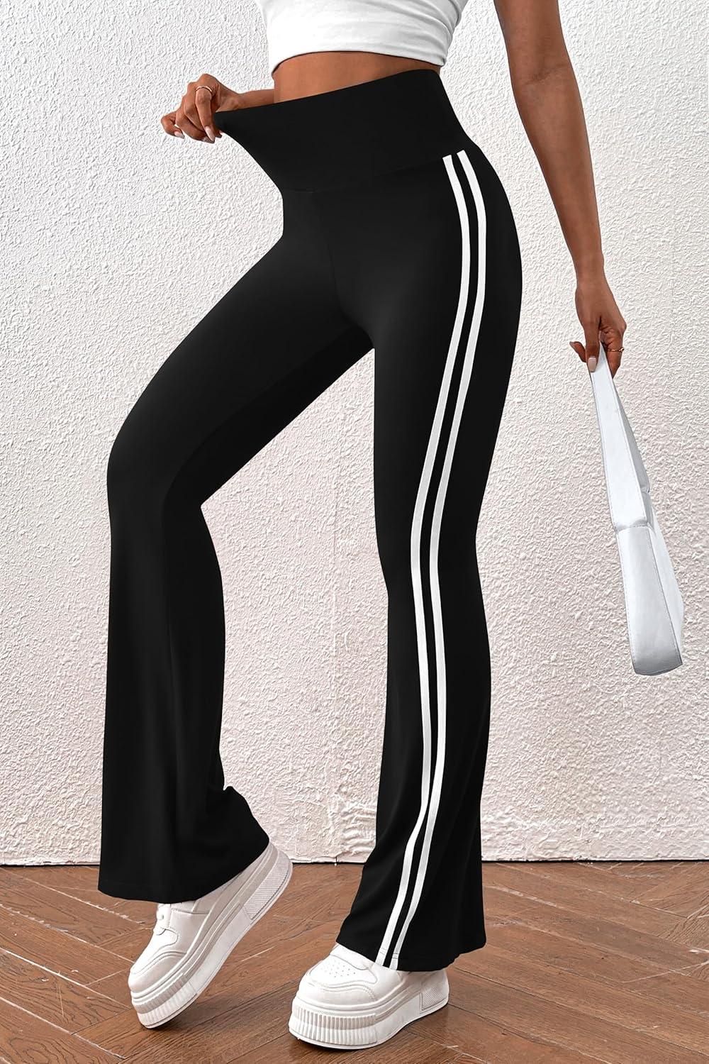 imagePRETTYGARDEN Womens Summer Yoga Pants High Waisted Sweatpants Casual Striped Bootcut Flare Workout Leggings Striped BlackMedium