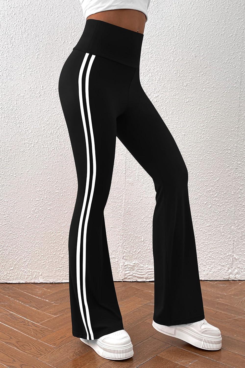 imagePRETTYGARDEN Womens Summer Yoga Pants High Waisted Sweatpants Casual Striped Bootcut Flare Workout Leggings Striped BlackMedium