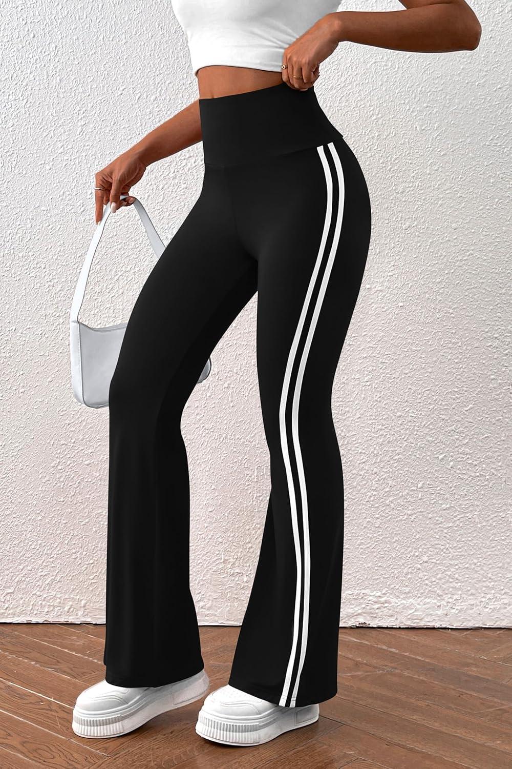 imagePRETTYGARDEN Womens Summer Yoga Pants High Waisted Sweatpants Casual Striped Bootcut Flare Workout Leggings Striped BlackMedium