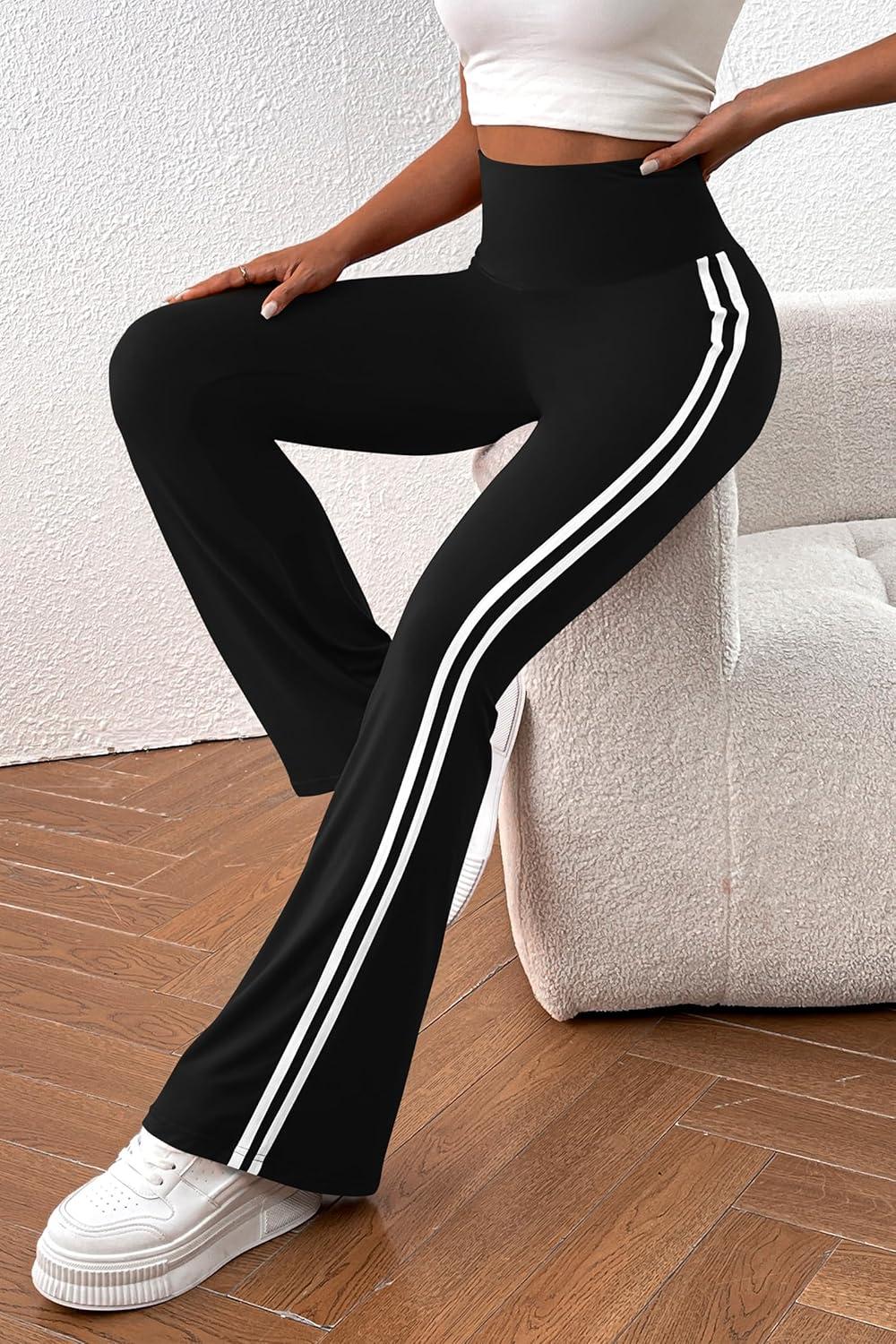 imagePRETTYGARDEN Womens Summer Yoga Pants High Waisted Sweatpants Casual Striped Bootcut Flare Workout Leggings Striped BlackMedium