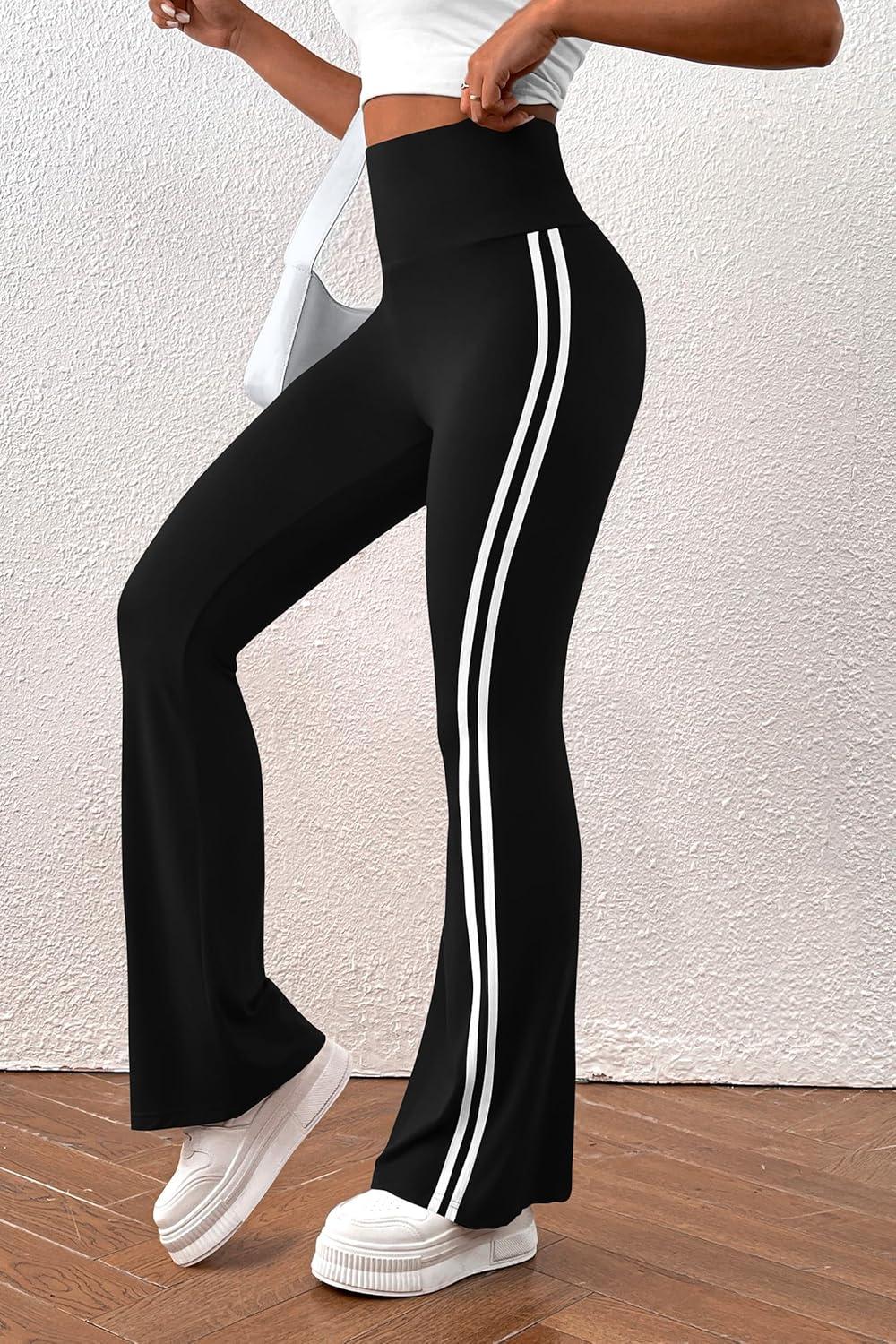 imagePRETTYGARDEN Womens Summer Yoga Pants High Waisted Sweatpants Casual Striped Bootcut Flare Workout Leggings Striped BlackMedium