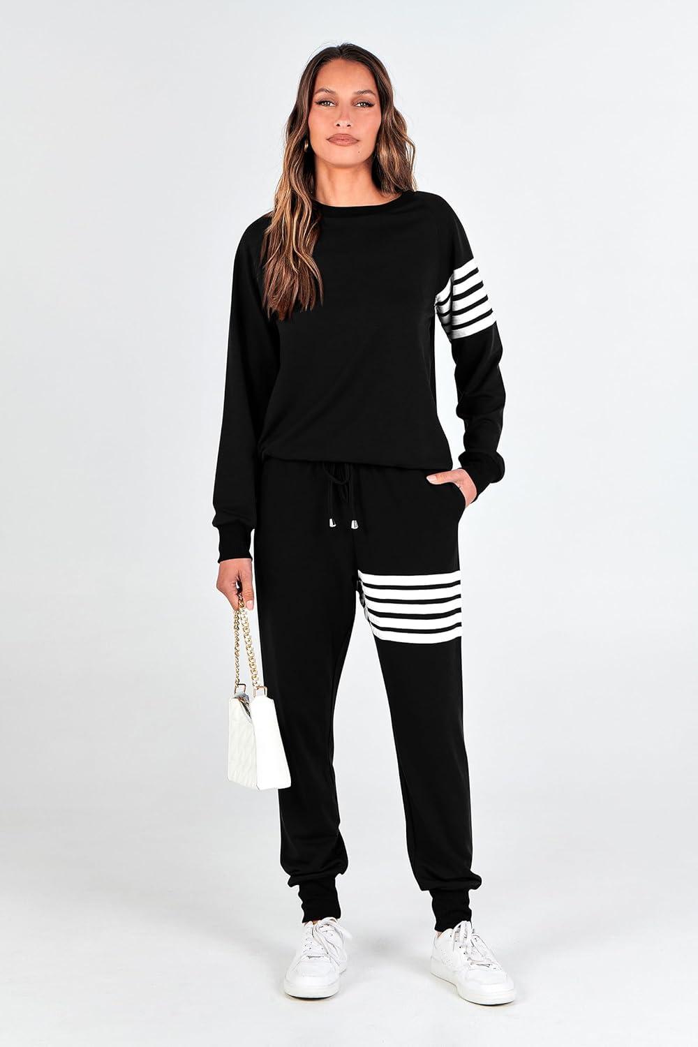 imagePRETTYGARDEN Womens Two Piece Striped Outfits Casual Long Sleeve Top and Sweatpants Matching Tracksuit Jogger Set