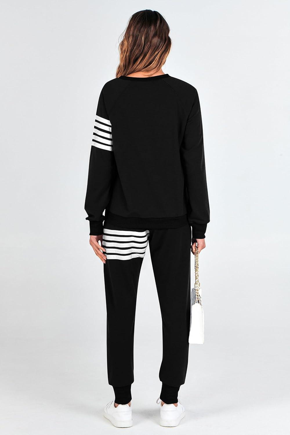 imagePRETTYGARDEN Womens Two Piece Striped Outfits Casual Long Sleeve Top and Sweatpants Matching Tracksuit Jogger Set