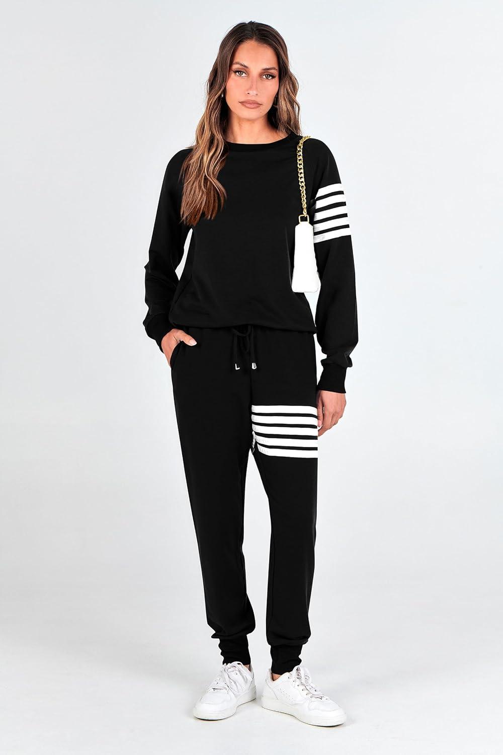 imagePRETTYGARDEN Womens Two Piece Striped Outfits Casual Long Sleeve Top and Sweatpants Matching Tracksuit Jogger Set