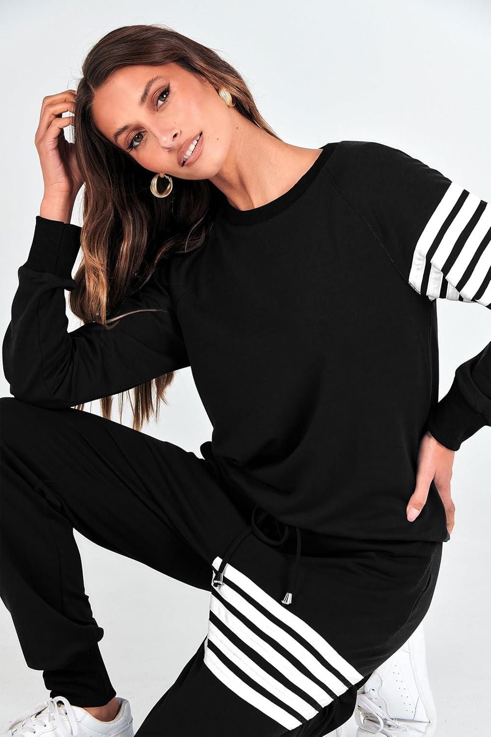 imagePRETTYGARDEN Womens Two Piece Striped Outfits Casual Long Sleeve Top and Sweatpants Matching Tracksuit Jogger Set