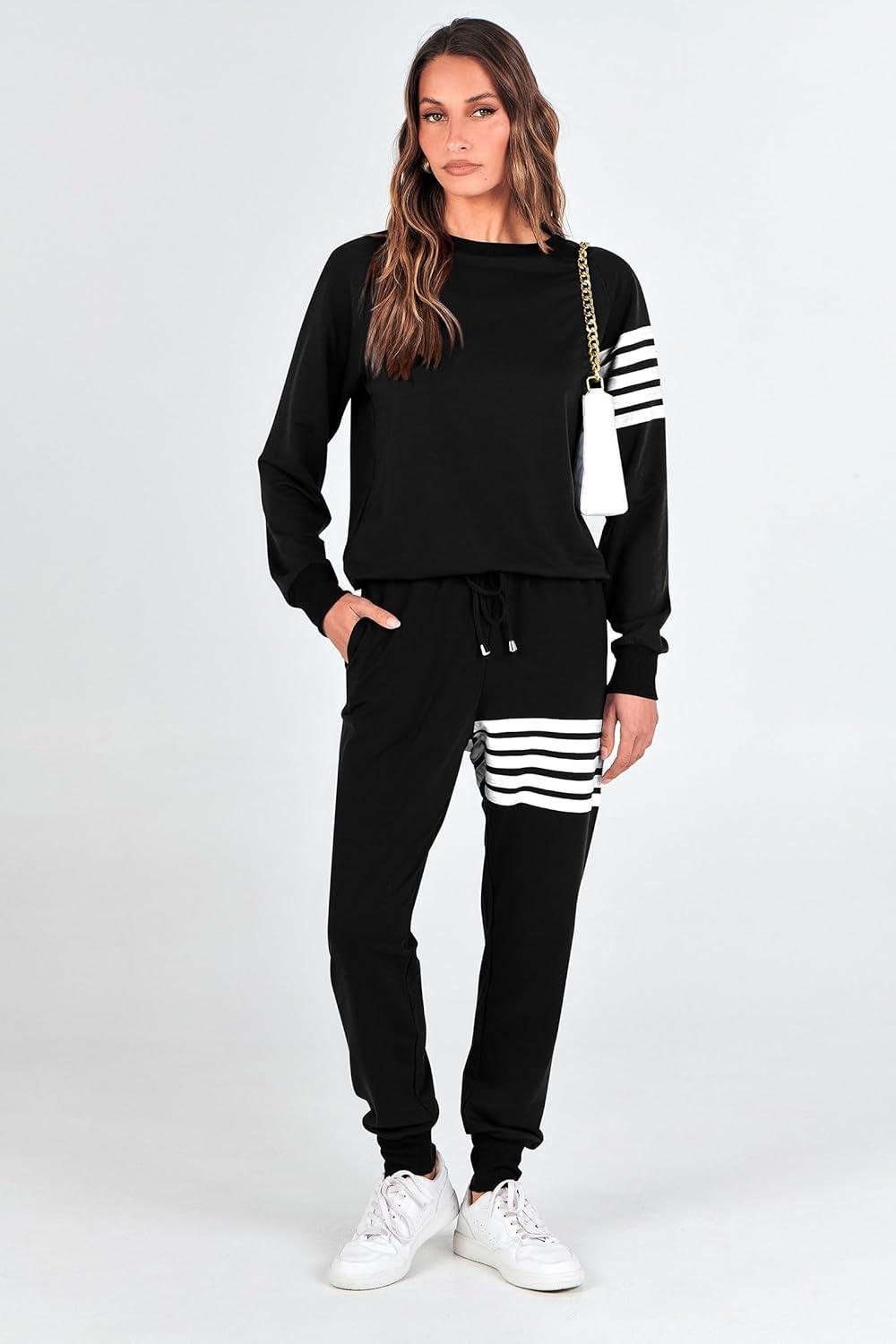 imagePRETTYGARDEN Womens Two Piece Striped Outfits Casual Long Sleeve Top and Sweatpants Matching Tracksuit Jogger Set