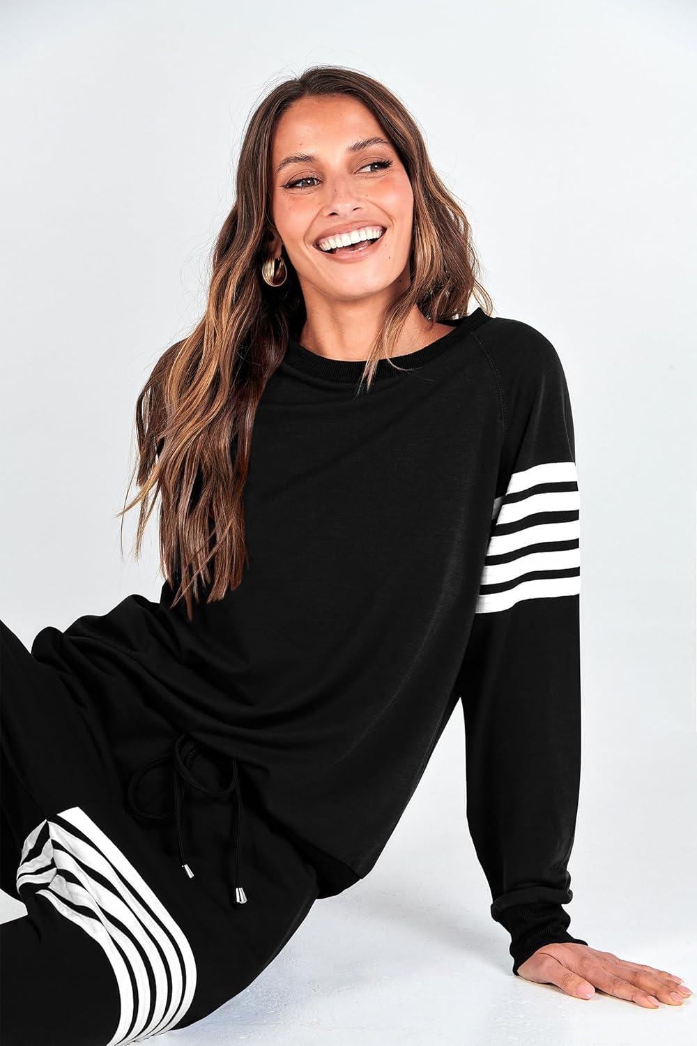 imagePRETTYGARDEN Womens Two Piece Striped Outfits Casual Long Sleeve Top and Sweatpants Matching Tracksuit Jogger Set