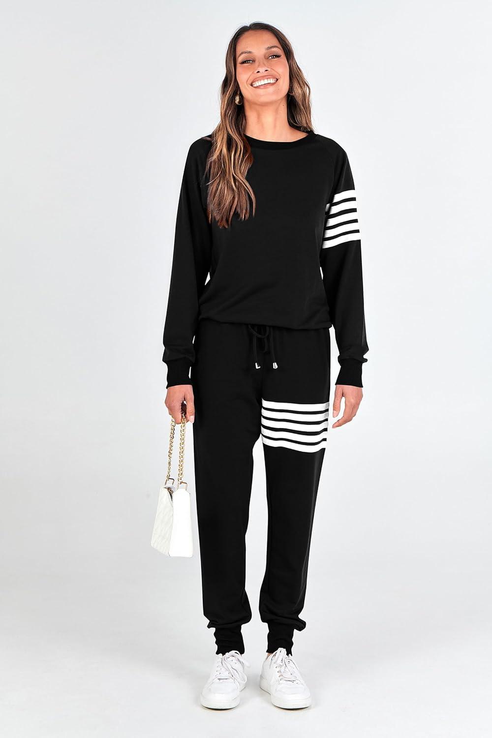 imagePRETTYGARDEN Womens Two Piece Striped Outfits Casual Long Sleeve Top and Sweatpants Matching Tracksuit Jogger Set