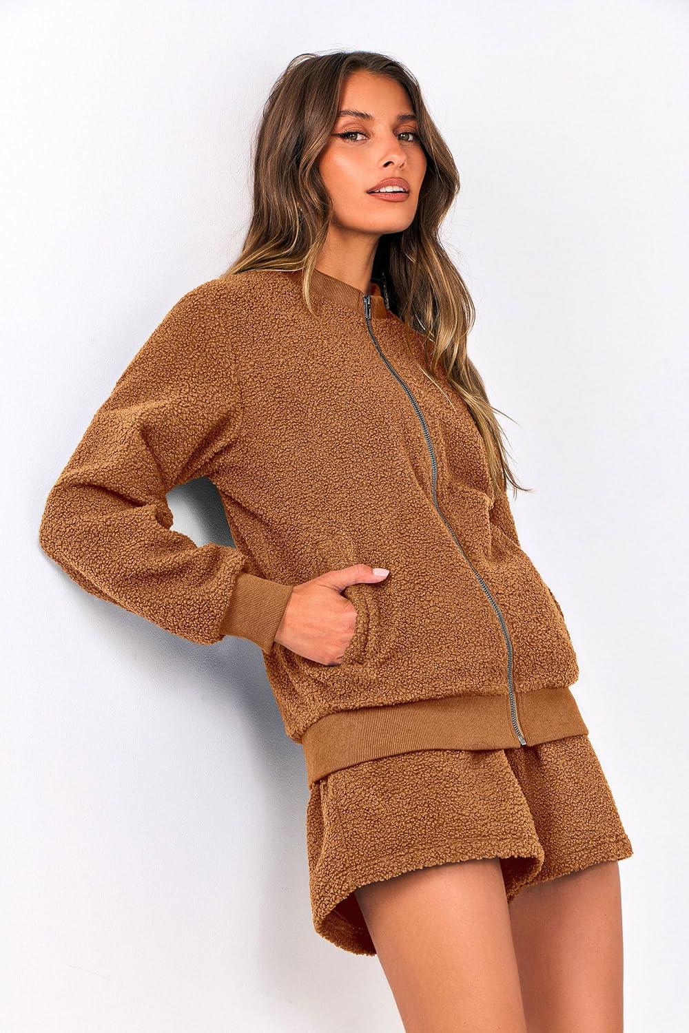 imagePRETTYGARDEN Womens Two Piece Tracksuit Outfits 2024 Fall Zip Up Fleece Jacket And Shorts Matching Lounge Sets BrownMedium
