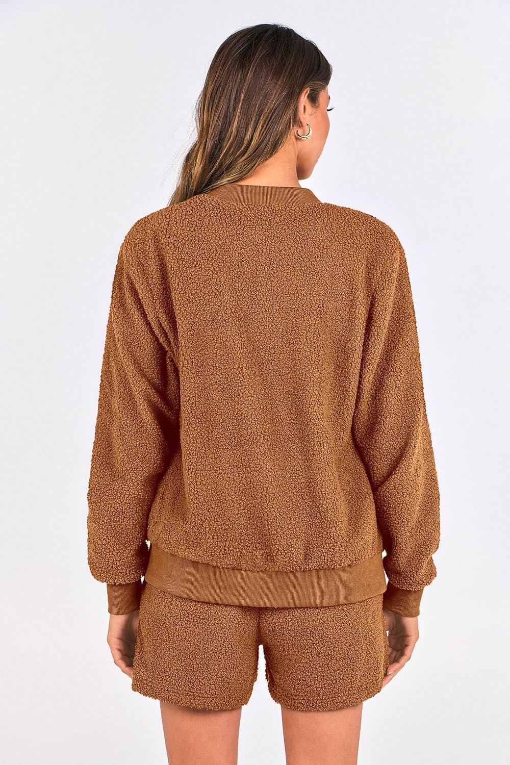 imagePRETTYGARDEN Womens Two Piece Tracksuit Outfits 2024 Fall Zip Up Fleece Jacket And Shorts Matching Lounge Sets BrownMedium
