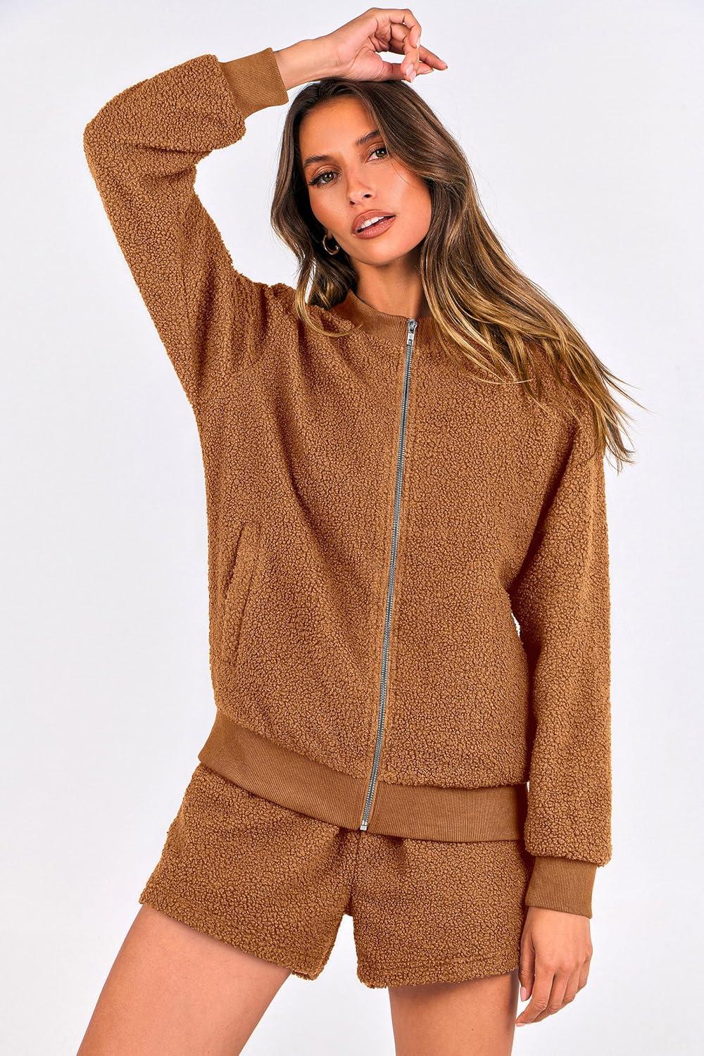 imagePRETTYGARDEN Womens Two Piece Tracksuit Outfits 2024 Fall Zip Up Fleece Jacket And Shorts Matching Lounge Sets BrownMedium