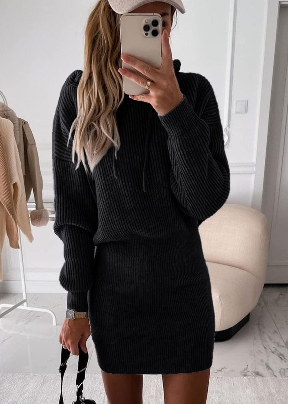 imagePRETTYGARDEN Womens Winter Rib Knit Pullover Sweater 2024 Fashion Fall Dresses Long Sleeve Hooded Bodycon Dress BlackSmall