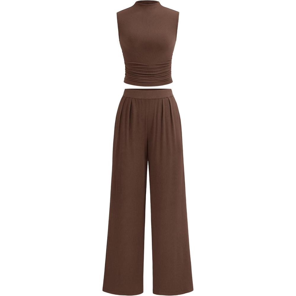 imagePRETTYGARDEN 2 Piece Sets for Women Summer 2025 Airport Travel Outfits Crop Tank Tops Wide Leg Pants Matching Lounge Sets CoffeeLarge