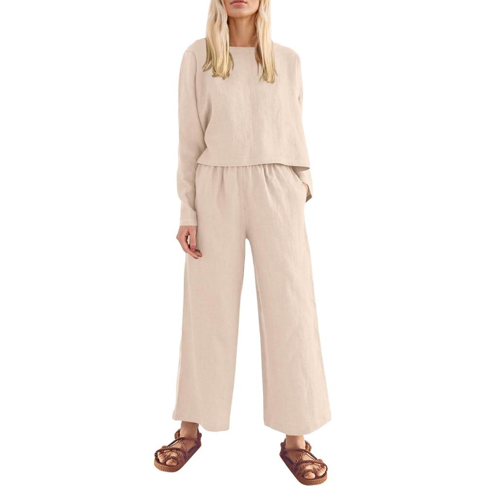 imagePRETTYGARDEN Womens 2024 Fall 2 Piece Outfit Tracksuits Casual Linen Long Sleeve Tops And Wide Leg Pants Lounge Sets BeigeLarge