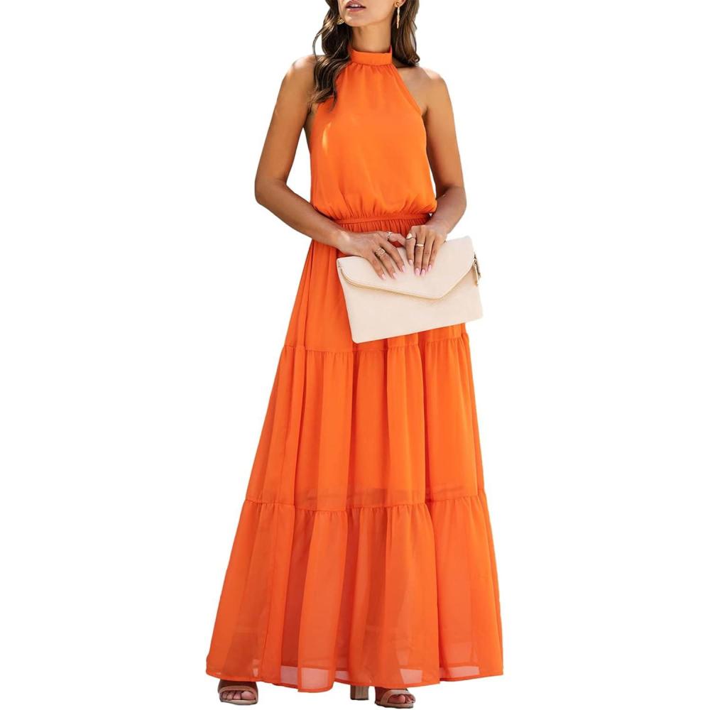 imagePRETTYGARDEN Womens Halter Neck Floral Long Maxi Dress Casual Sleeveless Backless Dresses Loose Ruffle Sundress with BeltYorange