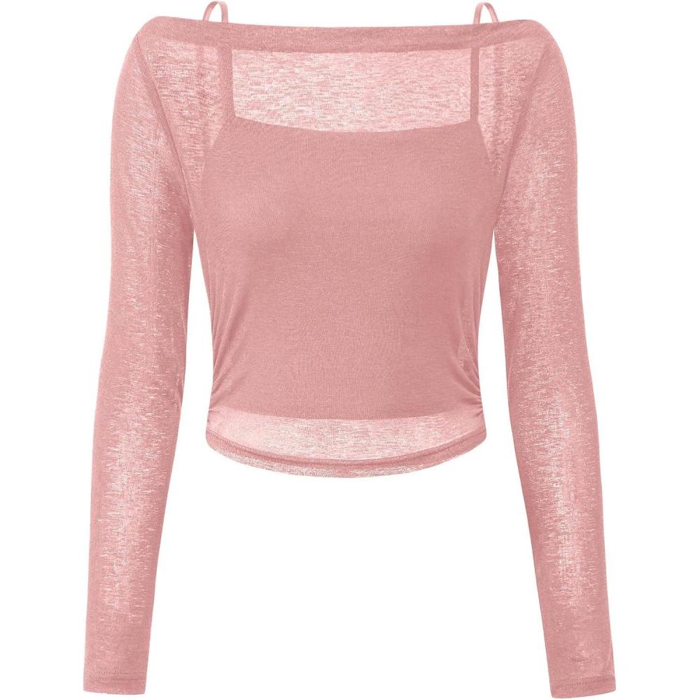 imagePRETTYGARDEN Womens Long Sleeve Sheer Crop Tops Boat Neck See Through Cover Up with Spaghetti Strap Camisole 2 Piece Blouses Dusty PinkMedium