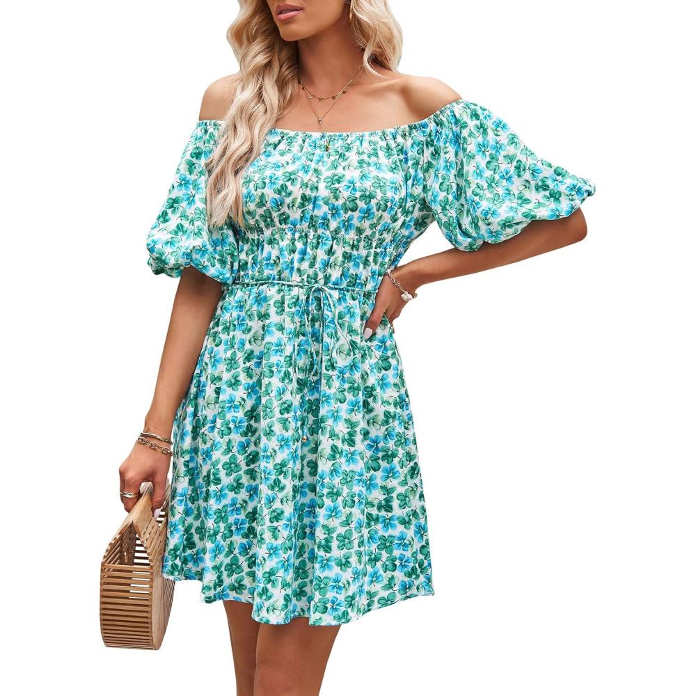 imagePRETTYGARDEN Womens Off The Shoulder Babydoll Dress Short Puff Sleeve Casual A Line Ruffle Summer Dresses Floral Dark GreenXLarge