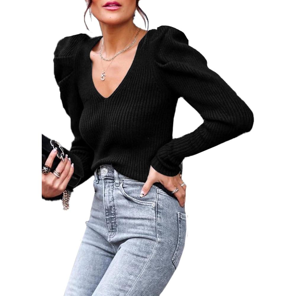 imagePRETTYGARDEN Womens Rib Knit Pullover Sweater Casual Long Puff Sleeve V Neck Solid Color Jumper Blouse Tops BlackSmall