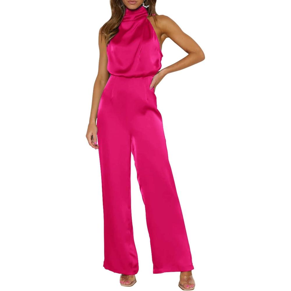imagePRETTYGARDEN Womens Satin Jumpsuits 2024 Summer One Piece Outfits Mock Neck Sleeveless Wide Leg Pants Rompers