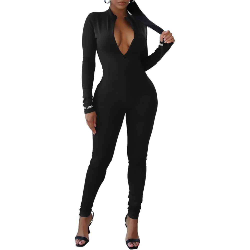 imagePRETTYGARDEN Womens Sexy Bodycon Jumpsuit Long Sleeve Zipper One Piece Romper Outfits Clubwear