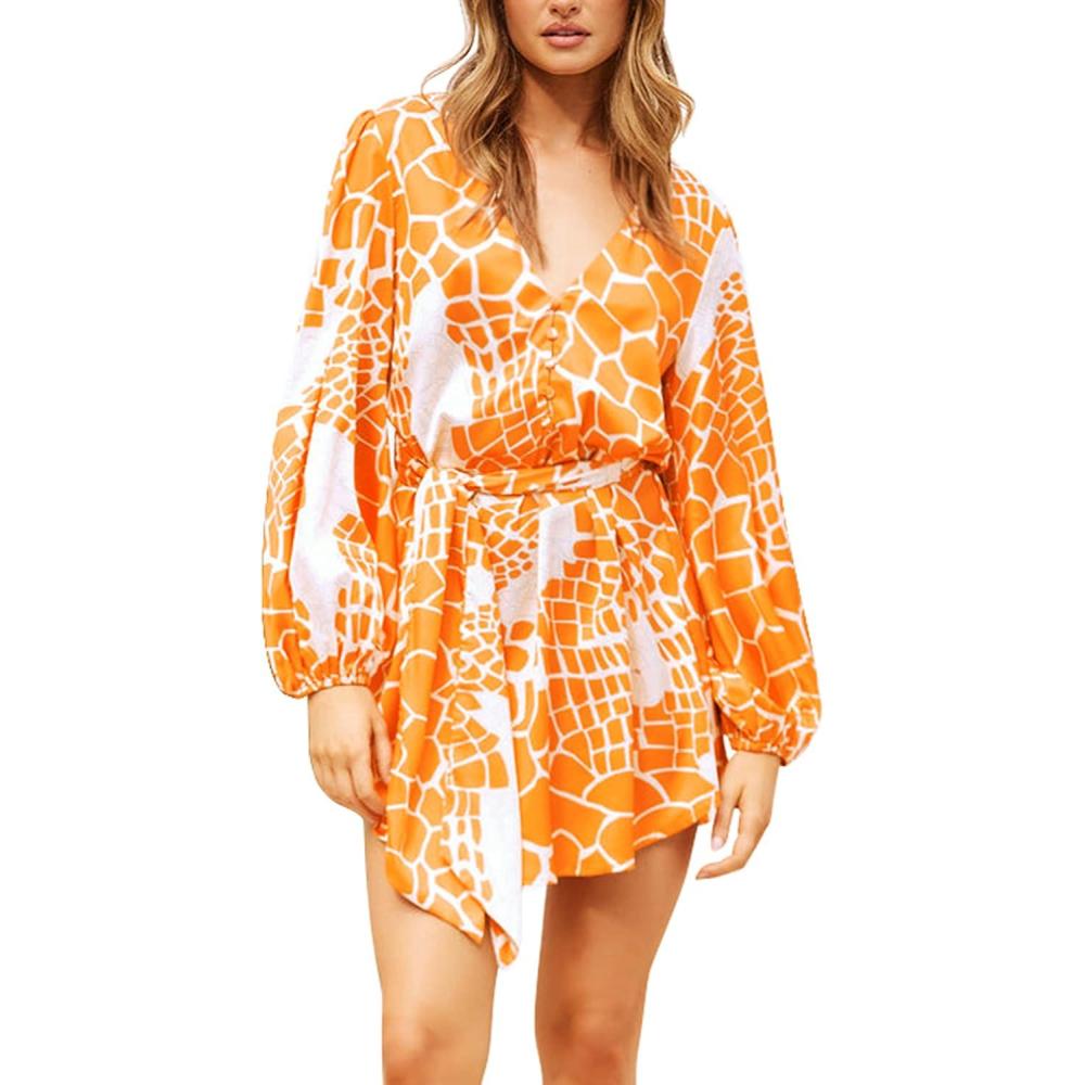 imagePRETTYGARDEN Womens Spring Long Puff Sleeve Boho Dress V Neck Cocktail Party Belted Short Formal Dresses Floral Orange YellowMedium