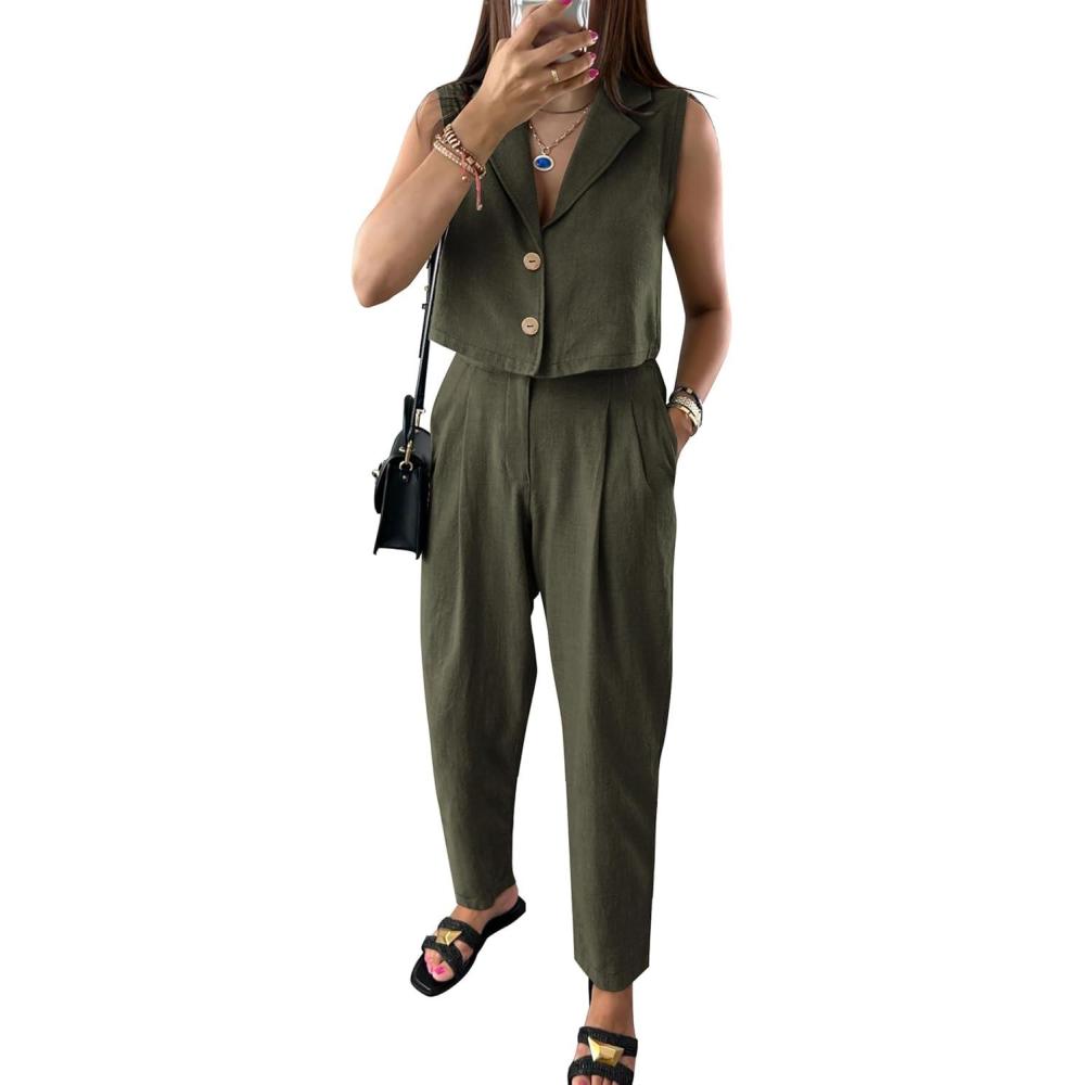 imagePRETTYGARDEN Womens Summer 2 Piece Blazer Outfit Casual Button V Neck Cropped Vest Tops High Waisted Pants Suit Set Army GreenLarge
